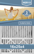 Pleated 16x25x4 Furnace Filters - (3-Pack) - MERV 8, MERV 11 and MERV 13
