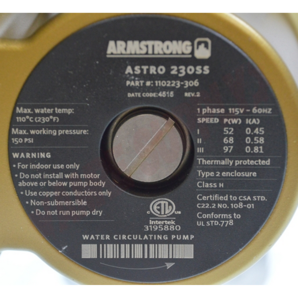 Armstrong Astro 2 Hot Water Recirculating Pump Only, 230 Stainless Steel Flange Connection with Check Valve - PureFilters.ca