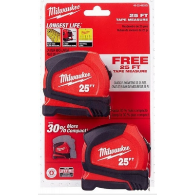 Milwaukee Compact Tape Measure, 25', 2/Pack