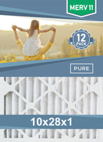 Pleated 10x28x1 Furnace Filters - (12-Pack) - Custom Size MERV 8 and MERV 11 - PureFilters