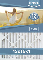 Pleated 12x15x1 Furnace Filters - (12-Pack) - Custom Size MERV 8 and MERV 11 - PureFilters