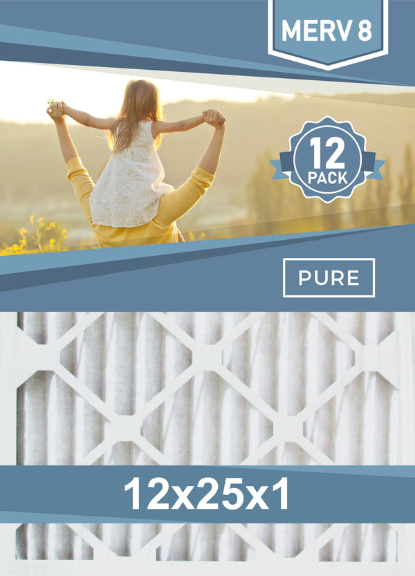 Pleated 12x25x1 Furnace Filters - (12-Pack) - Custom Size MERV 8 and MERV 11 - PureFilters