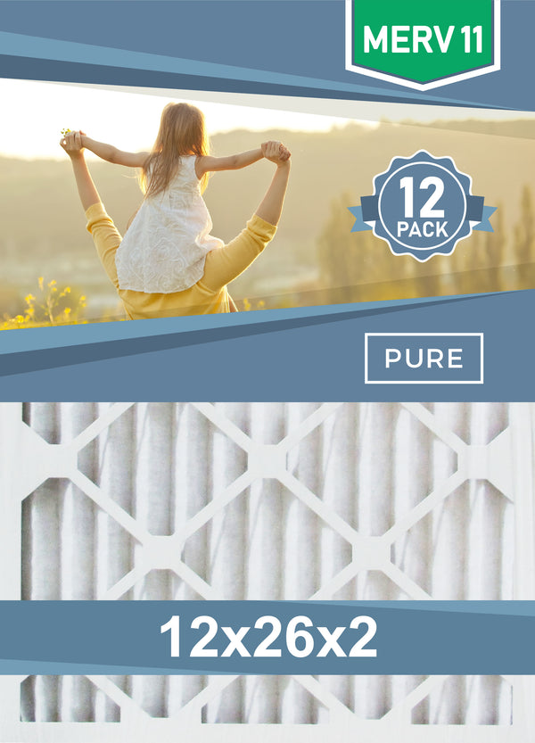 Pleated 12x26x2 Furnace Filters - (12-Pack) - Custom Size MERV 8 and MERV 11 - PureFilters