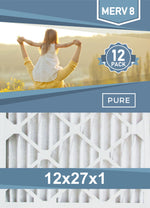 Pleated 12x27x1 Furnace Filters - (12-Pack) - Custom Size MERV 8 and MERV 11 - PureFilters