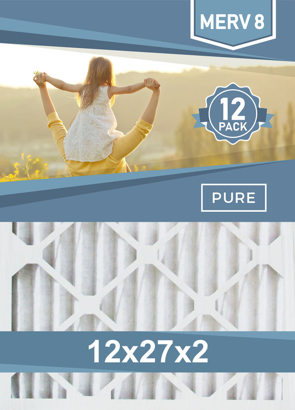Pleated 12x27x2 Furnace Filters - (12-Pack) - Custom Size MERV 8 and MERV 11 - PureFilters