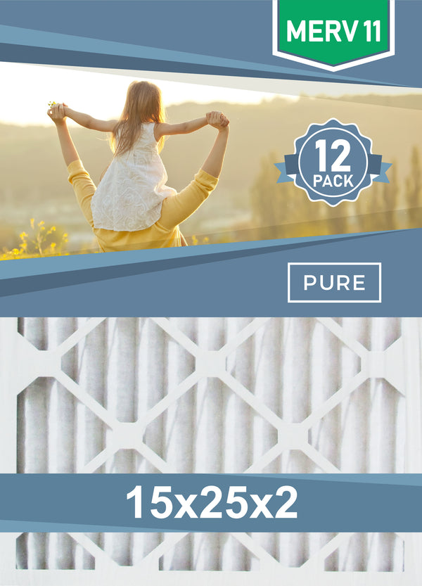 Pleated 15x25x2 Furnace Filters - (12-Pack) - Custom Size MERV 8 and MERV 11 - PureFilters