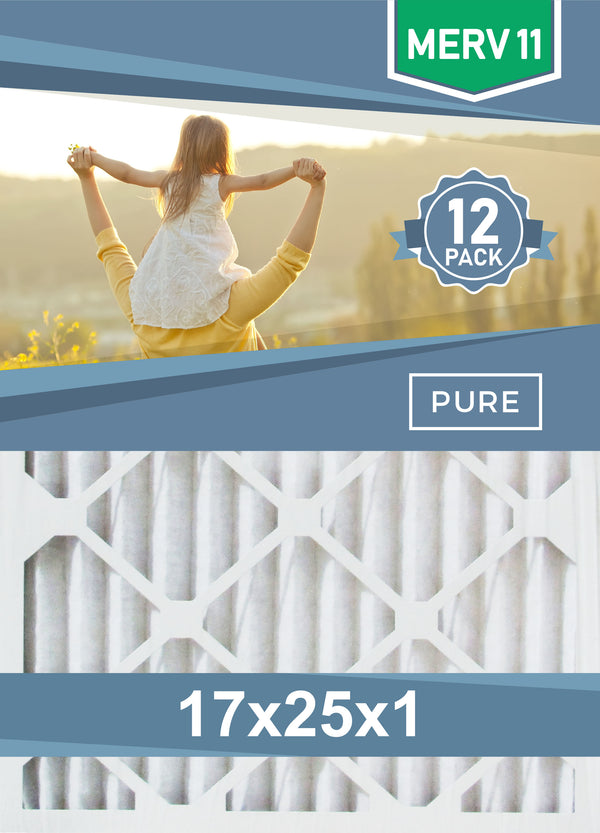 Pleated 17x25x1 Furnace Filters - (12-Pack) - Custom Size MERV 8 and MERV 11 - PureFilters