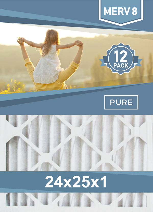 Pleated 24x25x1 Furnace Filters - (12-Pack) - Custom Size MERV 8 and MERV 11 - PureFilters