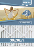 Pleated 30x36x1 Furnace Filters - (3-Pack) - MERV 8 and MERV 11