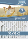 Pleated 30x36x2 Furnace Filters - (3-Pack) - MERV 8 and MERV 11