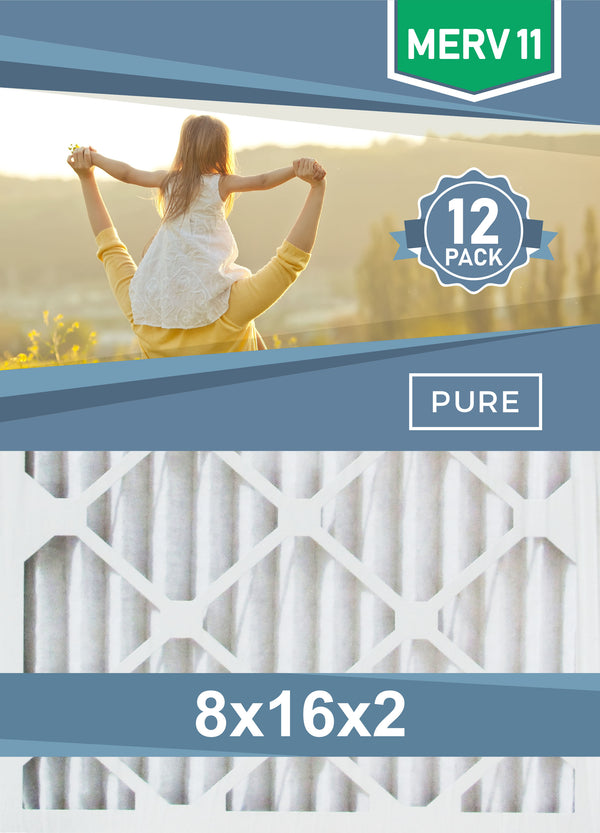 Pleated 8x16x2 Furnace Filters - (12-Pack) - Custom Size MERV 8 and MERV 11 - PureFilters