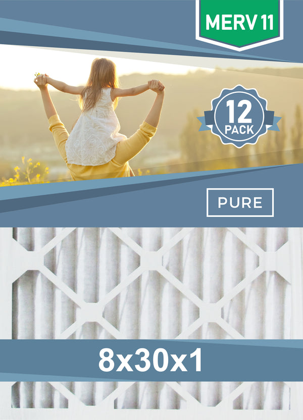 Pleated 8x30x1 Furnace Filters - (12-Pack) - Custom Size MERV 8 and MERV 11 - PureFilters