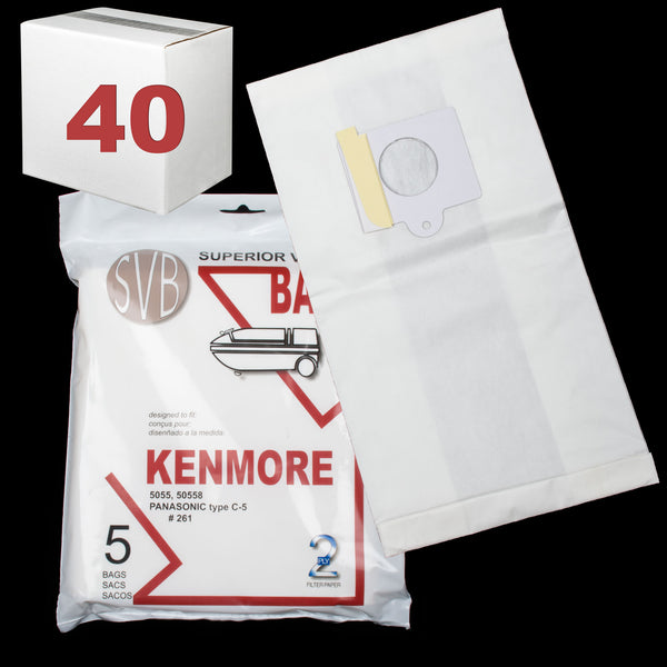 BA261CS-40 Kenmore Paper Bag Type 5055 50403 50558 50557 5 Pack Also Fits Panasonic C5 SVB Whispertone Case of 40 - PureFilters