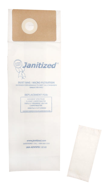 JAN-ADVSPEC-2(10) Janitized Paper Bag Advance Spectrum S12,D12,S15, D15, GU Carpetmaster Micro Filter 2 Pre Filters **Case of 10 -10pks** OEM#1471058500 Clark Carpetmaster 112 115 212 215 218 Triple S Prosense 12D 15D SSS