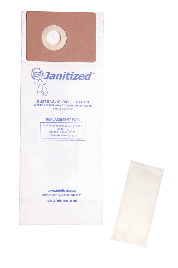 JAN-ADVU500-2(10) Janitized Paper Bag Advance VU500 Micro Filter 2 Pre Filters **Case of 10 - 10pks** OEM# 107407587 Triple S Triumph 12S-86064 - PureFilters