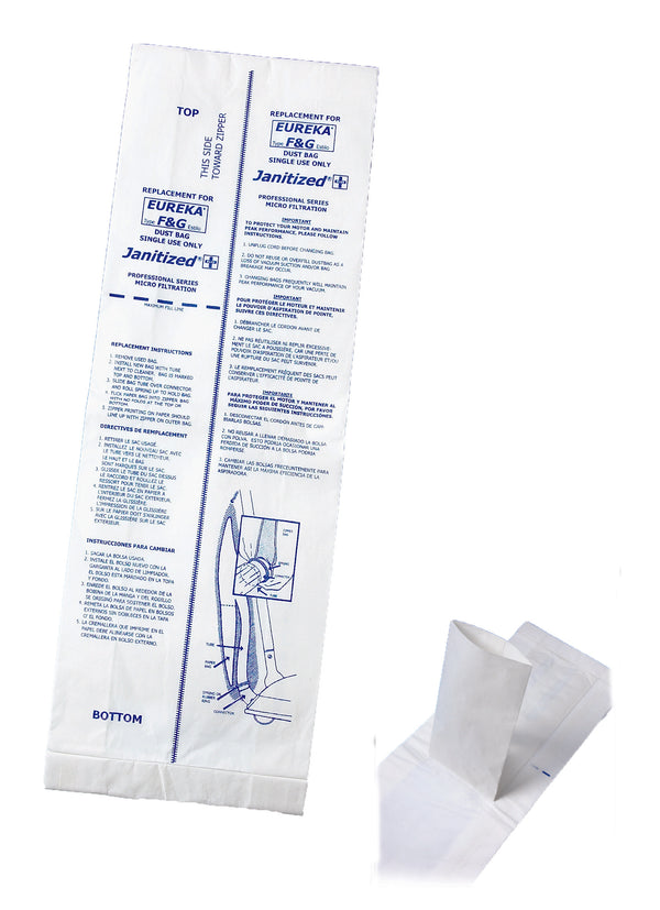 JAN-EUF&G(3) Janitized Paper Bag Eureka F&G, ESP - Fits Eureka 200, 600, 1400, 1900, 2000, 4000, 5000 Uprights Case Of 12 3pks - PureFilters