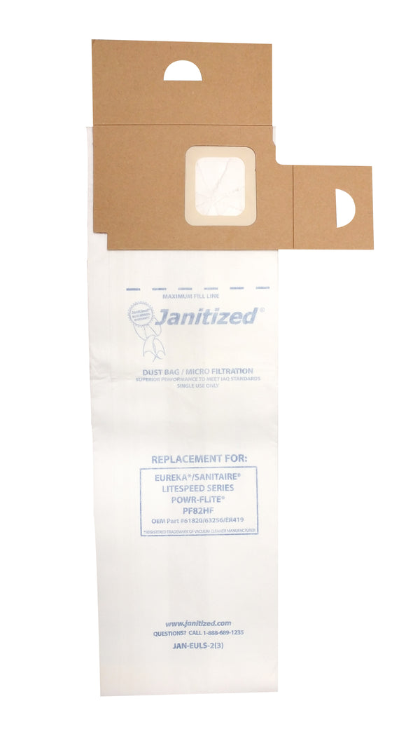 JAN-EULS-2(3) Janitized Paper Bag Fits Eureka LS Litespeed Models 5700-5739 And 5800-5839 Series Micro Filter Case Of 12 3pks OEM# 61820 63256 POWR-FLITE PF82HF OEM# ER419 - PureFilters