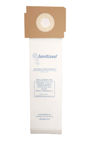 JAN-EUSD-2(10) Janitized Paper Bag Sanitaire Style SD Fits Duralux Models SC9120, SC9150, SC9180 - Micro Filter Case of 10 10pks OEM# 63262 Triple S Prosense X2 OEM# 63262A-10