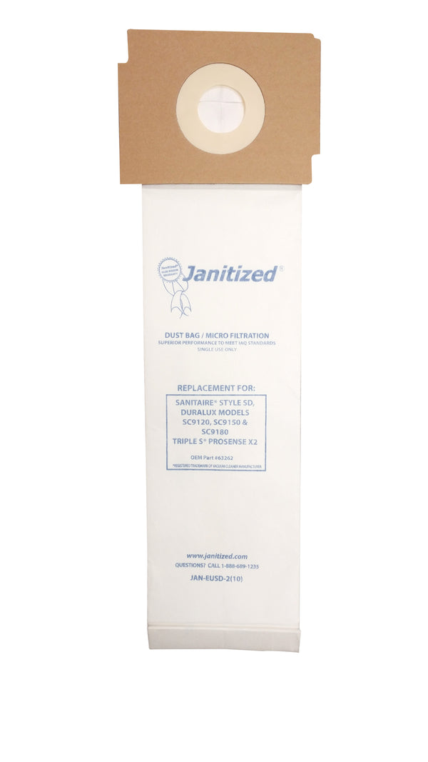 JAN-EUSD-2(10) Janitized Paper Bag Sanitaire Style SD Fits Duralux Models SC9120, SC9150, SC9180 - Micro Filter Case of 10 10pks OEM# 63262 Triple S Prosense X2 OEM# 63262A-10 - PureFilters