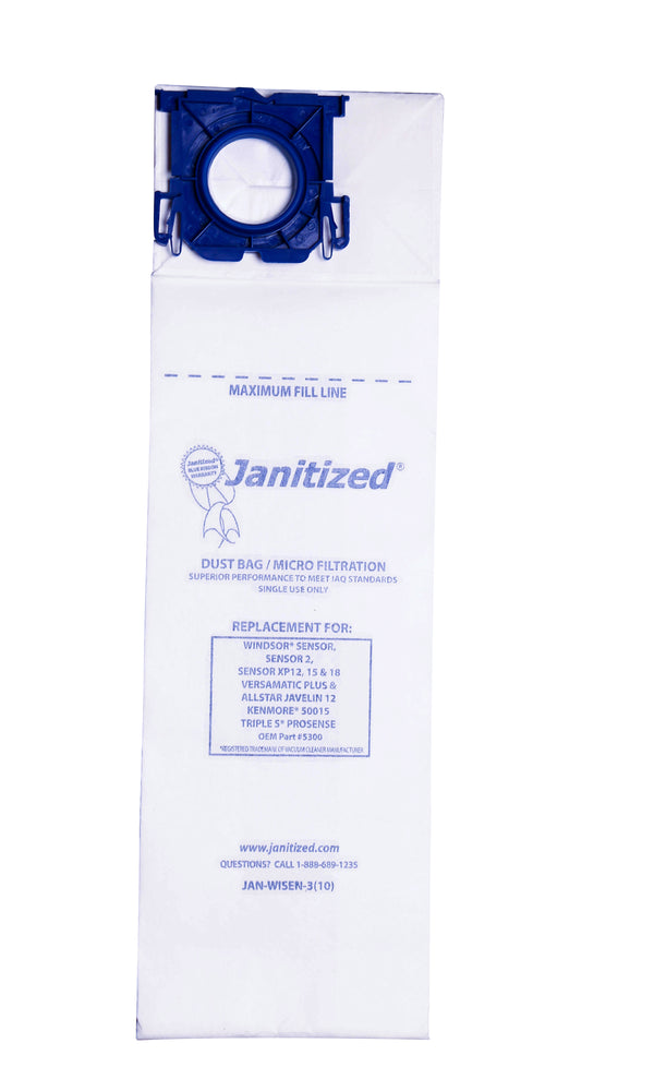 JAN-WISEN-3(10) Janitized Paper Bag Windsor Sensor Sensor 2 Sensor XP12 XP15 XP18 Versamatic Plus Allstar Javelin 12 Micro Filter Case Of 10 -10pks - PureFilters