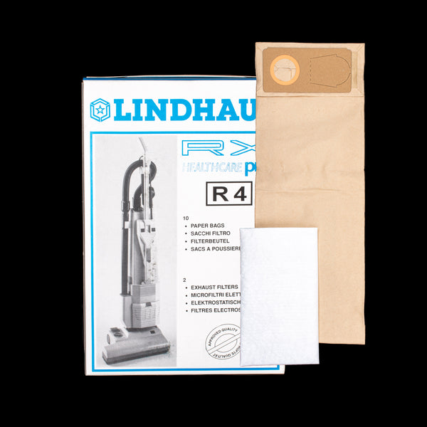 XLH20019 Lindhaus OEM Paper Bag Pack of 10 Type R4 with 2 Exhaust Filters for RX & Healthcare Pro Upright Vacuum Models - PureFilters
