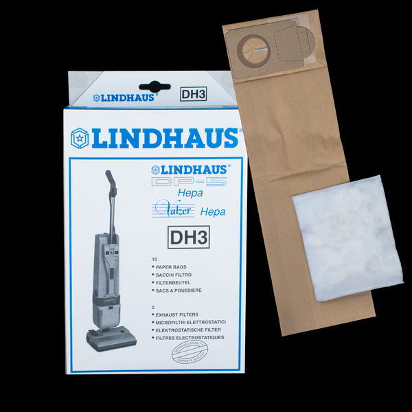 XLH30019 Lindhaus OEM Paper Bag Pack of 10 Type DH3 with 2 Exhaust Filters for DP-5 HEPA & Valzer HEPA Upright / Backpack Vacuum Models - PureFilters