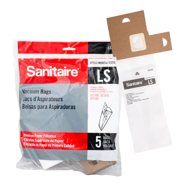 XSA63256 Sanitaire OEM Paper Bag Pack of 5 Style LS for Upright Vacuum Series SC5713 SC5815 & SP5816 *Also Fits Eureka Series 5700 & 5800* - PureFilters